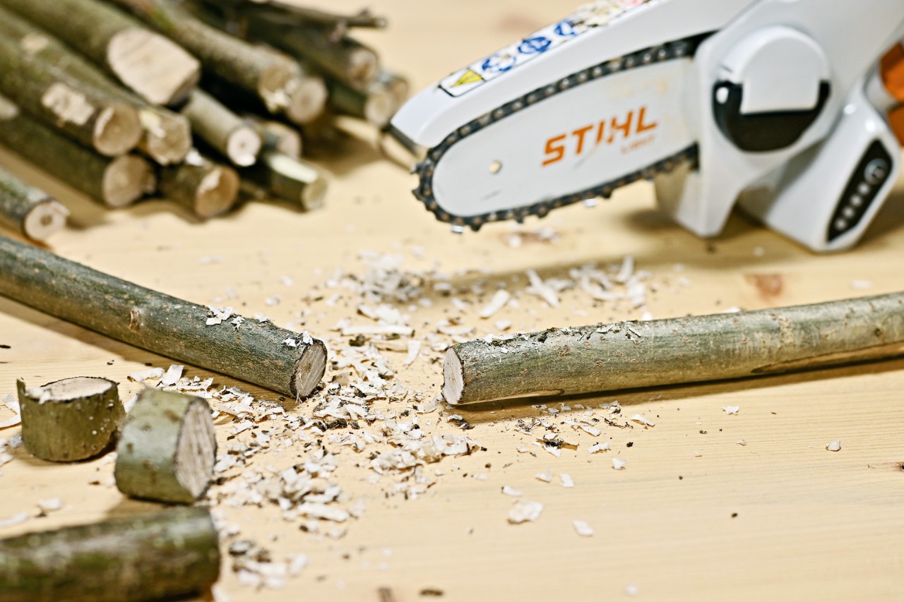 Një degë e prerë me një prerës me bateri STIHL GTA 26 për të bërë dekor shtëpie.