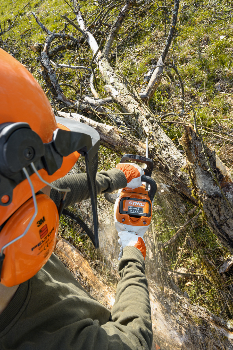 Një motosharrë pa kabllo STIHL MSA 220 CB duke u përdorur për të prerë degët nga trungu i një peme